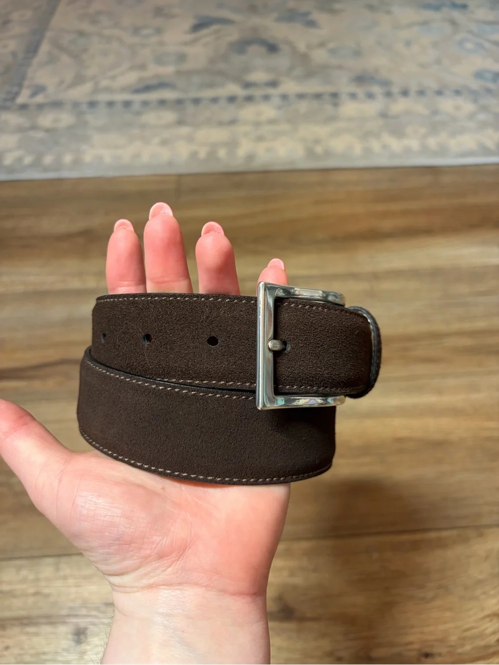 Hickey Freeman Men's Dark Brown Suede Leather Dress Belt Size 38 Silver Buckle